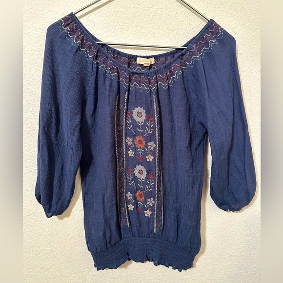 EDGE Embroidered Navy Off The Shoulder Peasant Blouse Top - Picture 1 of 6